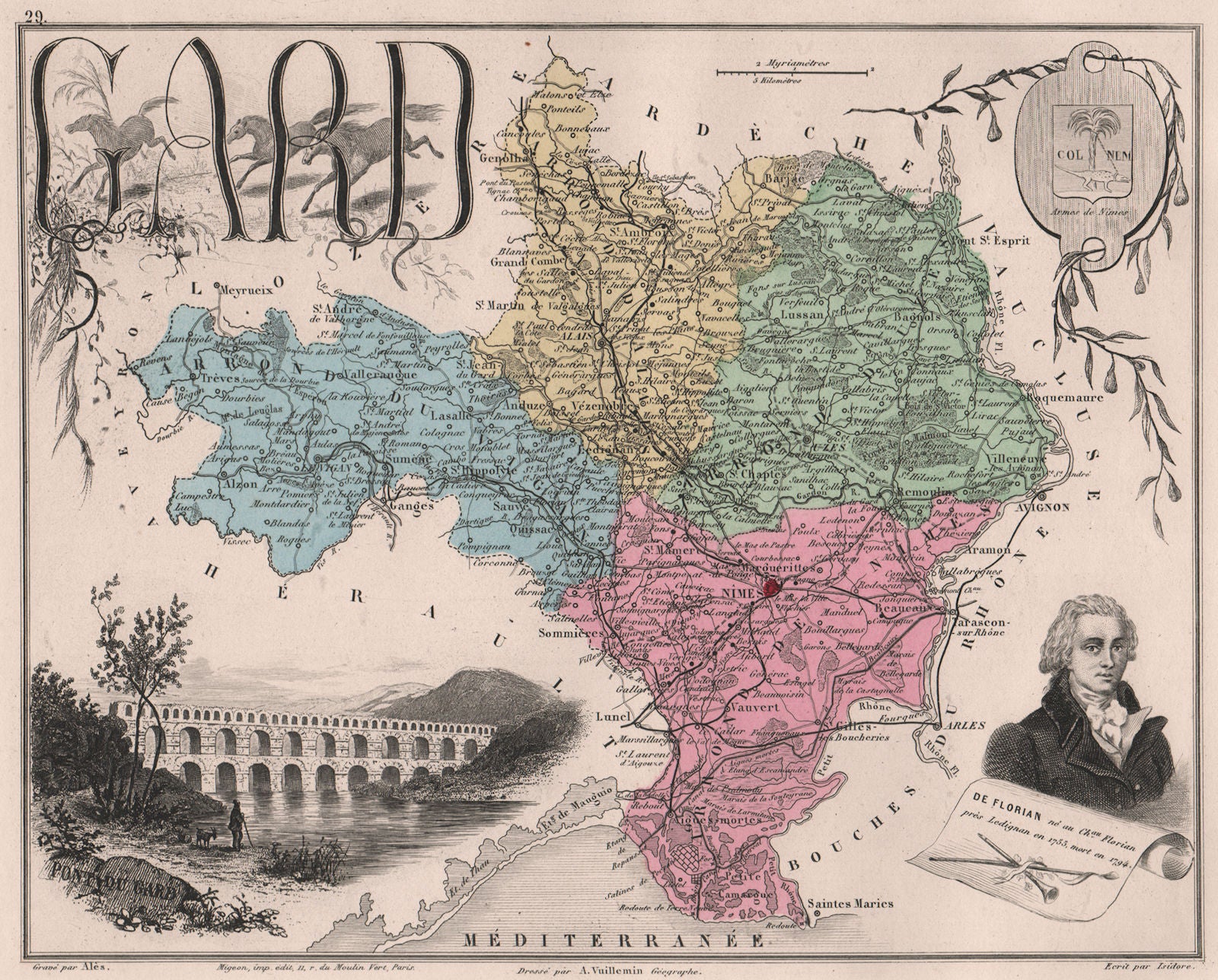 GARD. Département. Pont-du-Gard. de Florian. VUILLEMIN 1879 old antique map